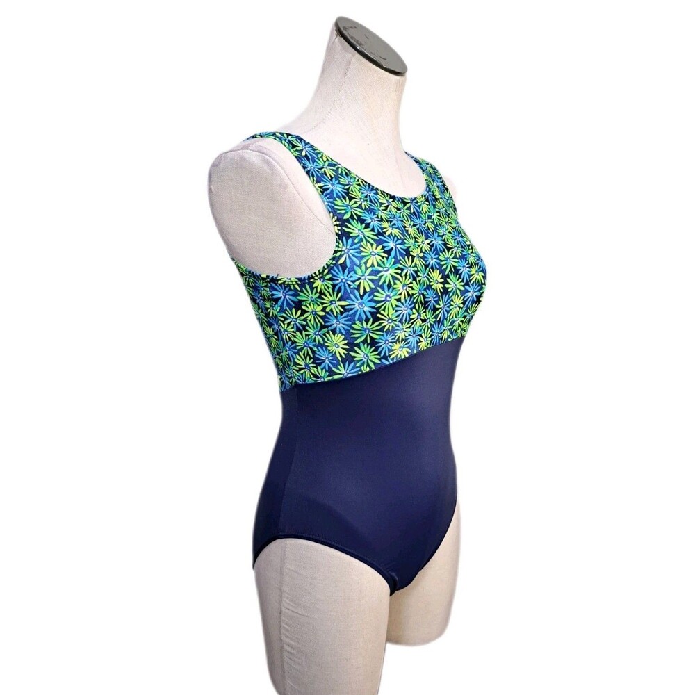 GK Elite VTG Floral Colorblock Tank Leotard Navy Blue Lime Green AXL Adult XL